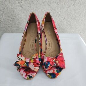 Womens Floral Wedge Heels 7.5 M Peep Toe Bow Cork Platform Summer Shoes Pink